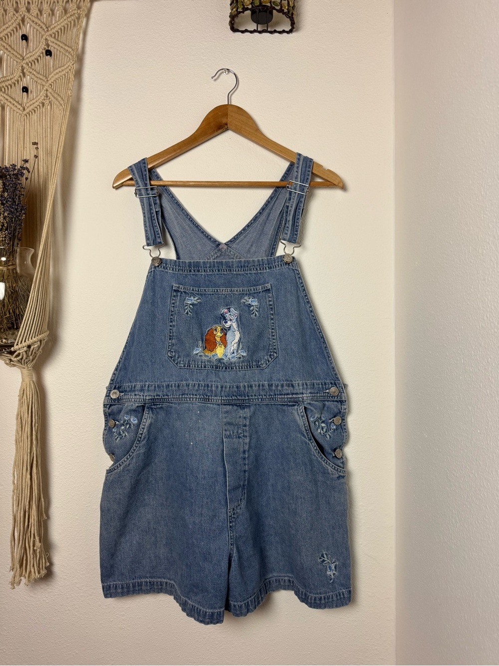 Disney Denim Romper Overalls with Lady and the Tramp Embroidery - Blue
